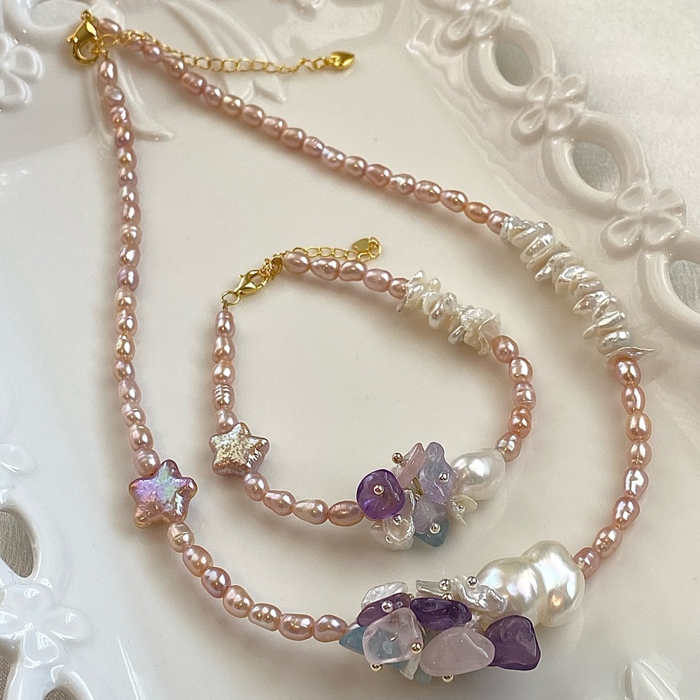 S32-Handmade Pink Baby Pearl Multi gemstone Necklace And Bracelet S925 Set